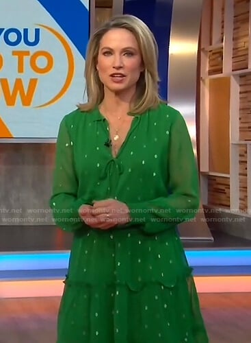 Amy’s green tie neck ruffle dress on Good Morning America