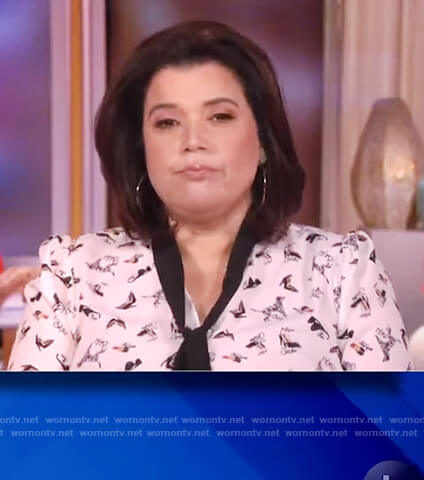 Ana’s white butterfly print tie neck blouse on The View