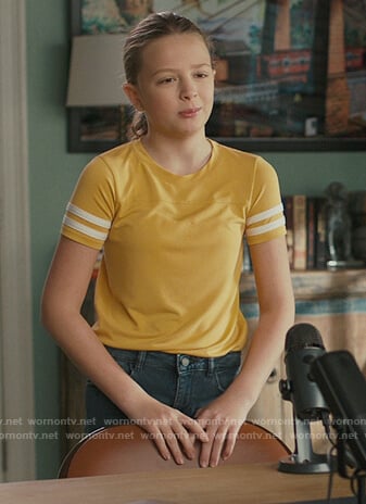 Ana’s yellow stripe sleeve tee on American Housewife