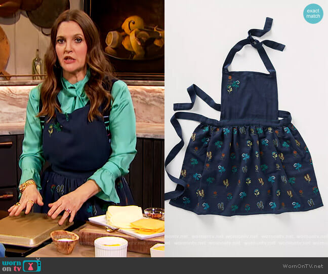 Anthropologie Stacia Embroidered Indigo Apron worn by Drew Barrymore on The Drew Barrymore Show