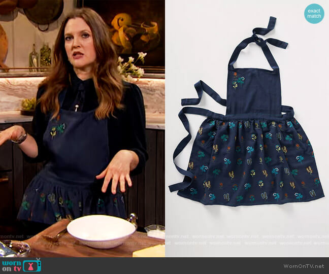 Anthropologie Stacia Embroidered Indigo Apron worn by Drew Barrymore on The Drew Barrymore Show