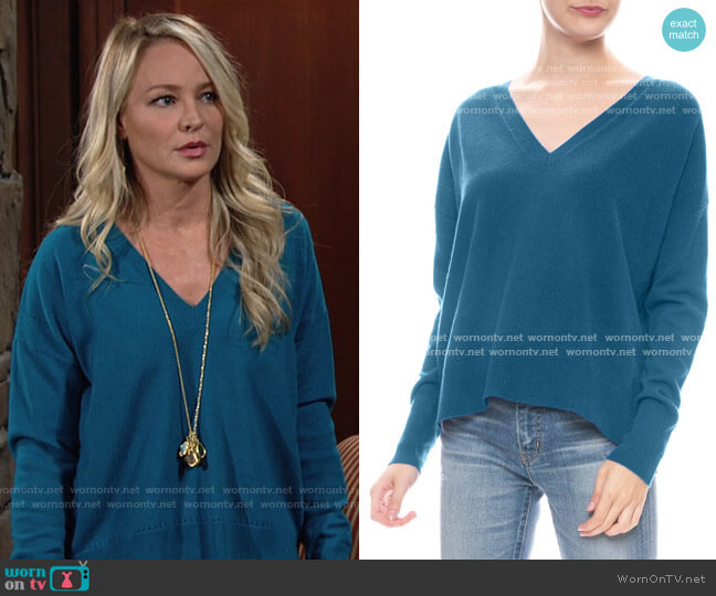 Autumn Cashmere Pointelle Trimmed V-neck Sweater worn by Sharon Newman (Sharon Case) on The Young and the Restless