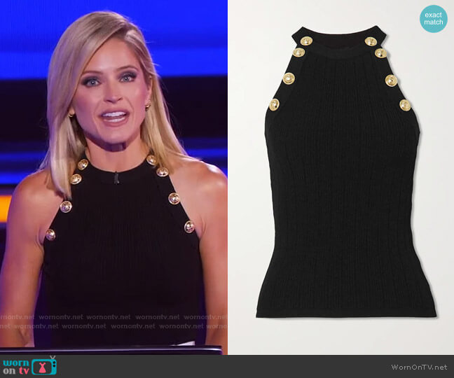 Balmain Button-Embellished Ribbed-Knit Tank worn by Sara Haines on The Chase