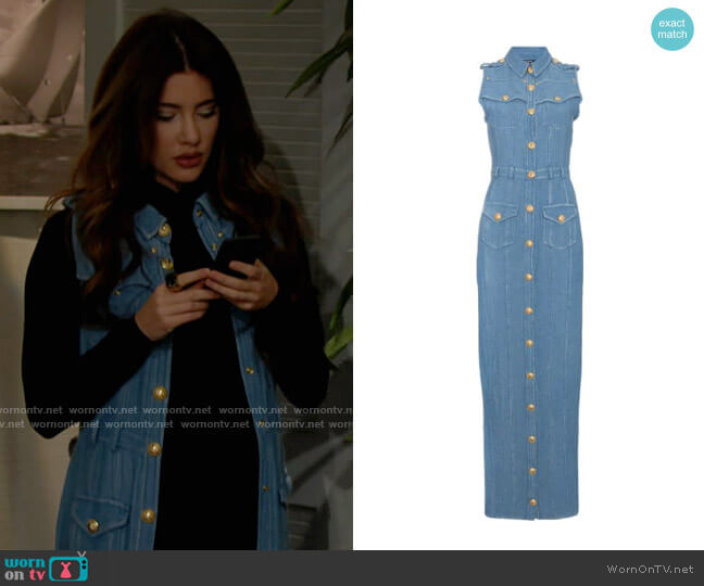 Balmain Sleeveless Denim Maxi Dress worn by Steffy Forrester (Jacqueline MacInnes Wood) on The Bold and the Beautiful