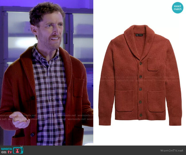 Banana Republic SUPIMA® Cotton Cardigan Sweater worn by Drew Dunbar (Thomas Middleditch) on B Positive