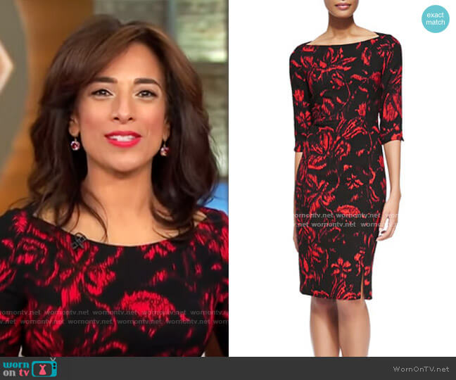Black Halo Marissa Floral-Print Crepe Sheath Dress worn by Michelle Miller on CBS Mornings