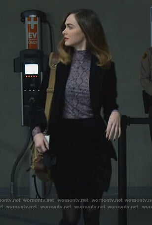 Sam’s snakeskin print top and dotted blazer and skirt on All Rise