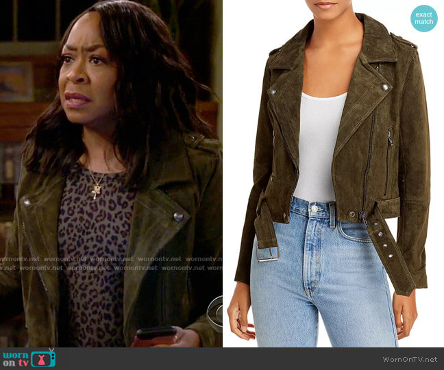 Blank NYC Suede Moto Jacket in Ivy League worn by Tina Butler (Tichina Arnold) on The Neighborhood