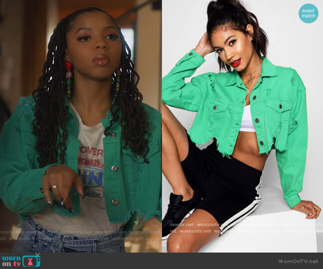 Boohoo Cropped Distressed Green Denim Jacket worn by Jazlyn Forster (Chloe Bailey) on Grown-ish