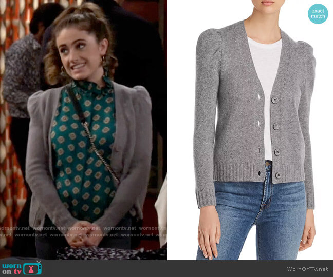 C by Bloomingdales Puff-Sleeve Cashmere Cardigan in Medium Grey worn by Jackie Raines (Rachel Sennott) on Call Your Mother