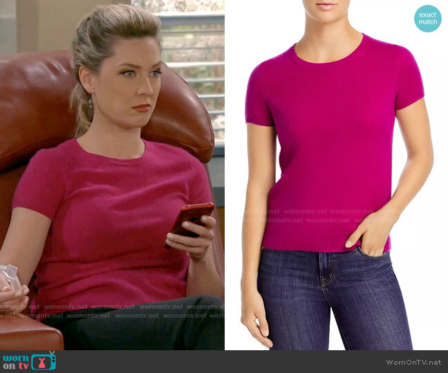C by Bloomingdales Short-Sleeve Cashmere Sweater in Bright Magenta worn by Samantha (Briga Heelan) on B Positive
