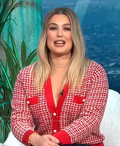 Carissa’s red tweed cardigan on E! News Daily Pop