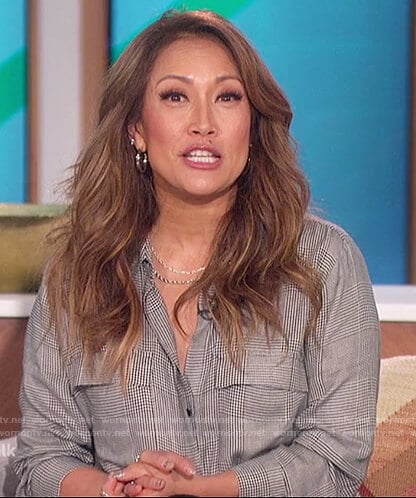 Carrie’s gray plaid jumpsuit on The Talk