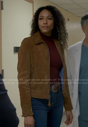 Cassie’s tan suede jacket on Big Sky