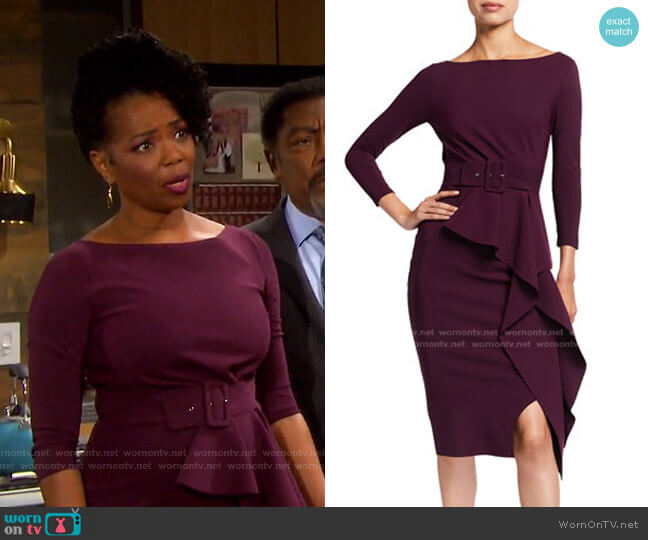 Chiara Boni La Petite Robe Afissa Boat-Neck Belted Ruffle Dress worn by Valerie Grant (Vanessa Williams) on Days of our Lives