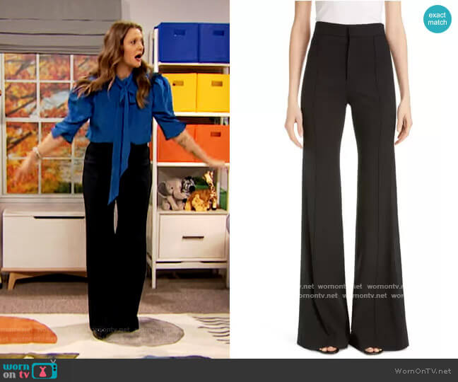 Chloe Side Stripe Pintucked Stretch Wool Flare Pants worn by Drew Barrymore on The Drew Barrymore Show
