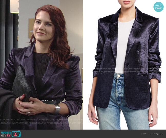 Cinq a Sept Kylie Ruched-Sleeve Satin Blazer worn by Sally Spectra (Courtney Hope) on The Young and the Restless