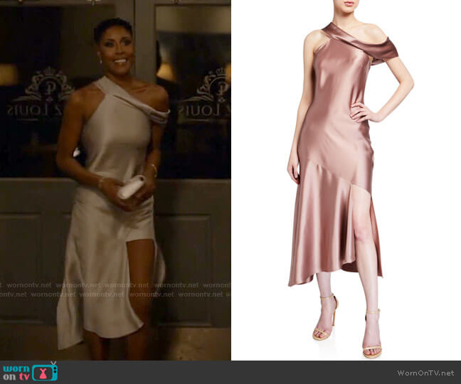 Cushnie One-Shoulder Satin Slip Dress worn by Lynn Stewart (Christine Adams) on Black Lightning