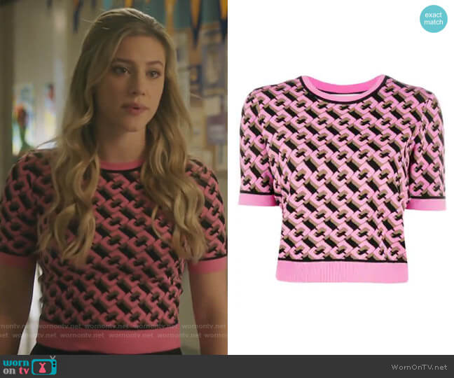 Diane Von Furstenberg Geometric Pattern Jumper worn by Betty Cooper (Lili Reinhart) on Riverdale