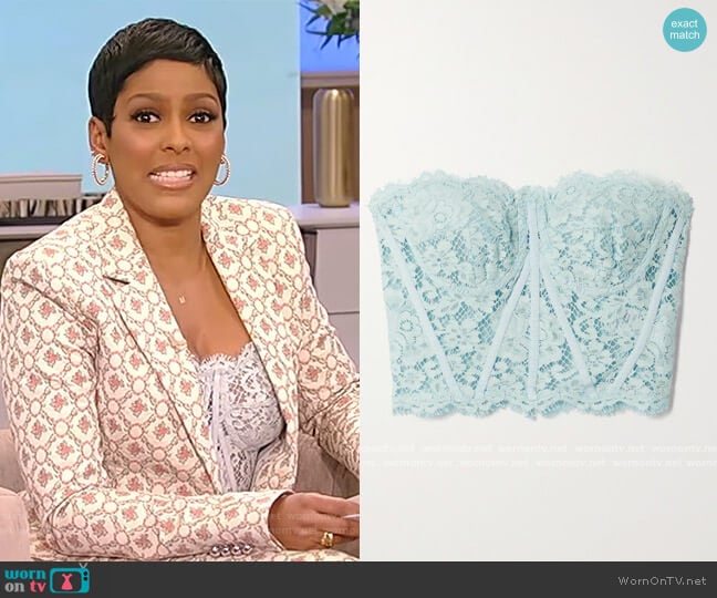 Dolce & Gabbana Strapless grosgrain-trimmed corded lace bustier top worn by Tamron Hall on Tamron Hall Show