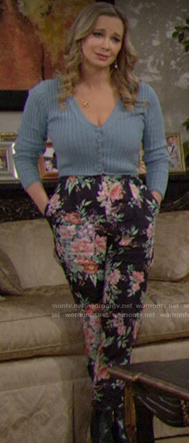 Donna’s blue cropped cardigan and floral pants on The Bold and the Beautiful