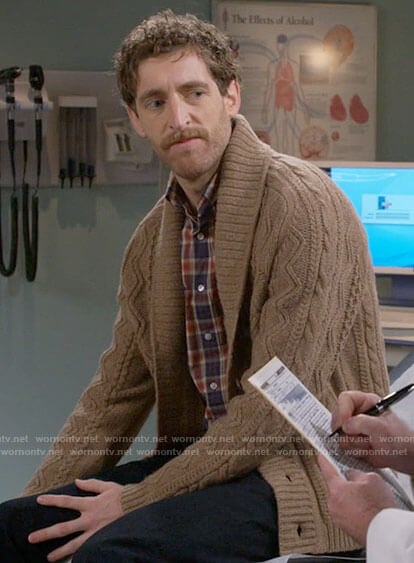 Drew’s camel cable knit cardigan on B Positive