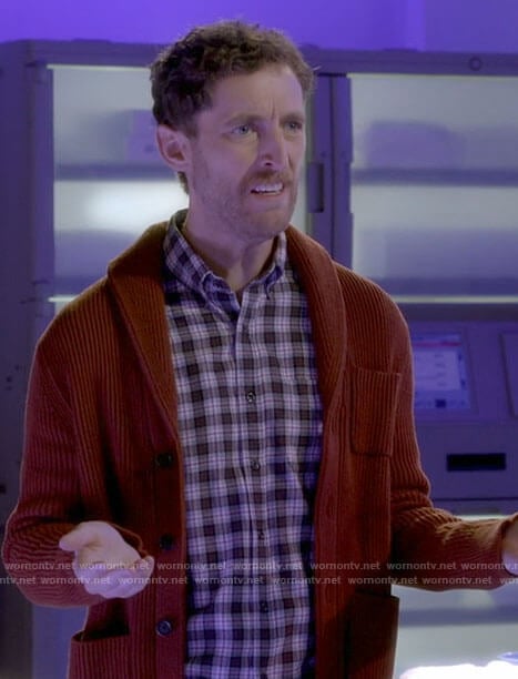 Drew’s orange shawl collar cardigan on B Positive