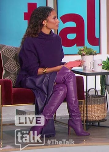Elaine’s purple turtleneck sweater and leather skirt on The Talk