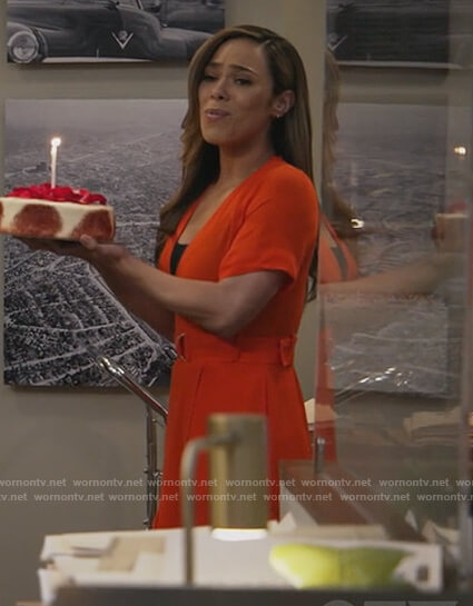 Emily’s red belted wrap dress on All Rise