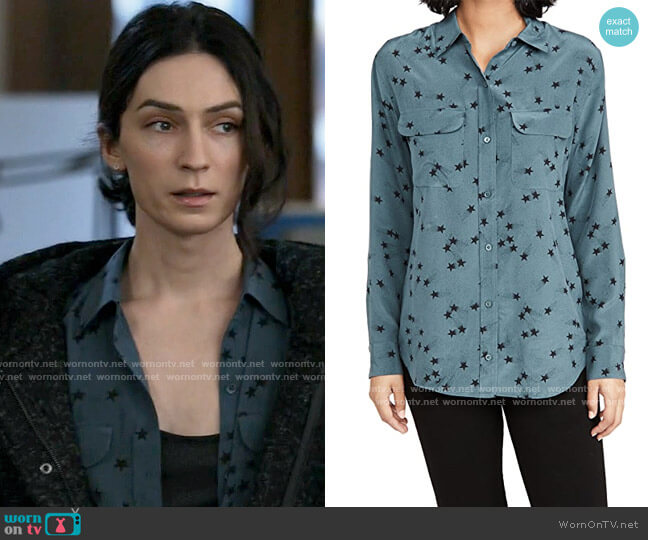 Equipment Signature Button Down Top in Orion Blue/True Black worn by Jerrie Kennedy (Jesse James Keitel) on Big Sky