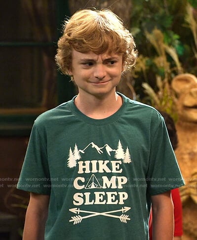 Finn’s green Hike Camp Sleep print tee on Bunkd