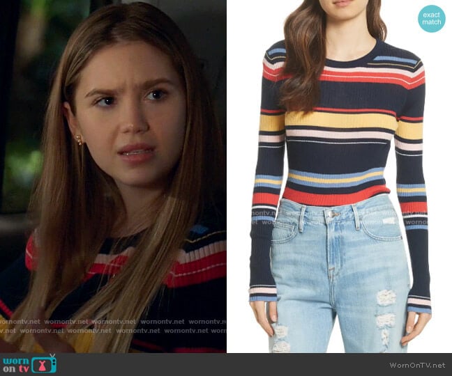 Frame Stripe Crewneck Merino Wool Blend Sweater worn by Orly Bremer (Kyla Kenedy) on Mr Mayor