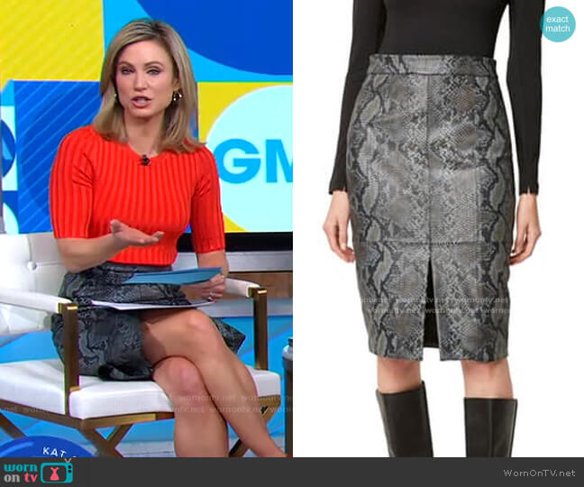 French Connection Elias Leather Snake Skin Pencil Skirt worn by Amy Robach on Good Morning America