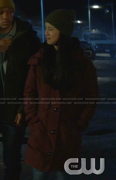 George’s burgundy hooded coat on Nancy Drew