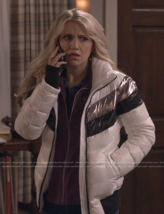 Gina’s white metallic puffer jacket on B Positive