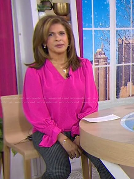 Hoda’s pink ruffle cuff v-neck blouse on Today