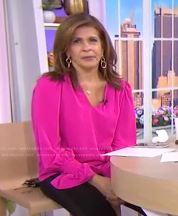 Hoda’s pink ruffle cuff v-neck blouse on Today