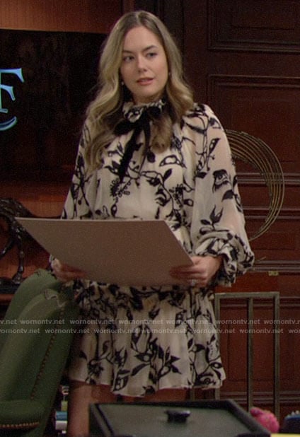 Hope’s black and white floral ruffled neck dress on The Bold and the Beautiful