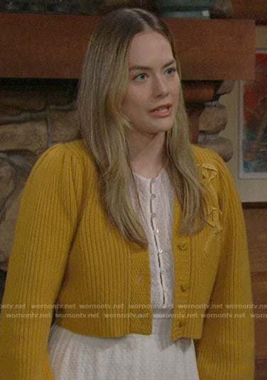 Hope’s yellow cardigan with bows and white dress on The Bold and the Beautiful