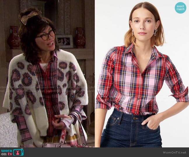 J. Crew Slim Stretch Perfect Shirt in Pink Stewart Tartan worn by Susan Banks (Stacy Haiduk) on Days of our Lives