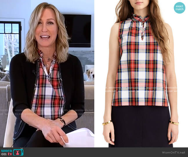 J. Crew Ruffle Neck Cotton Plaid Top worn by Lara Spencer on Good Morning America