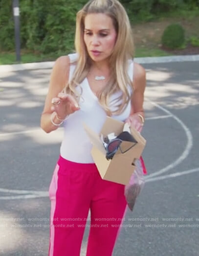 Jackie’s pink side stripe track pants on The Real Housewives of New Jersey