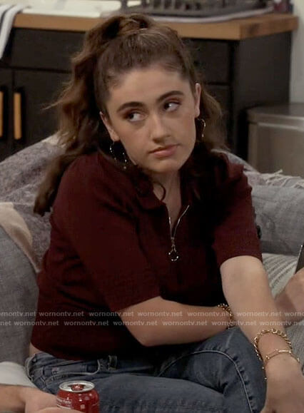 Jackie’s burgundy zip neck polo sweater on Call Your Mother