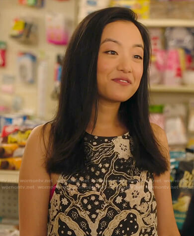 Janet’s black and white floral tank top on Kims Convenience
