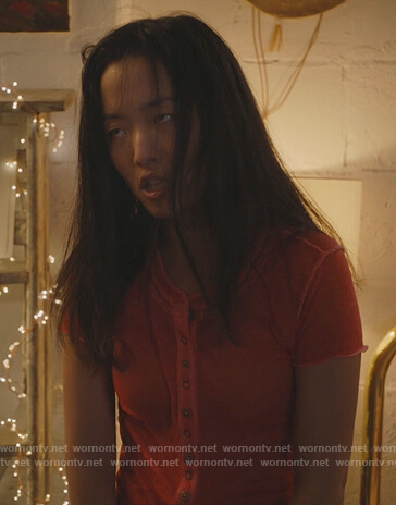 Janet’s orange henley tee on Kims Convenience