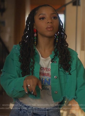 Jazzlyn green cropped distressed denim jacket on Grown-ish