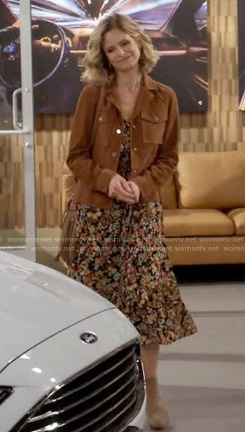 Jean’s floral midi dress and suede shirt on Call Your Mother