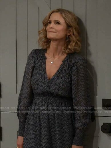 Jean’s black printed v-neck dress on Call Your Mother
