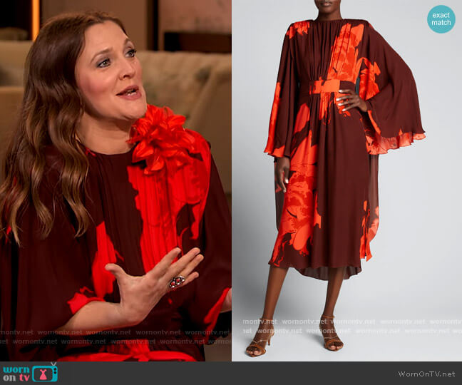 Johanna Ortiz A Secret Place Floral-Print Georgette Cape Dress worn by Drew Barrymore on The Drew Barrymore Show