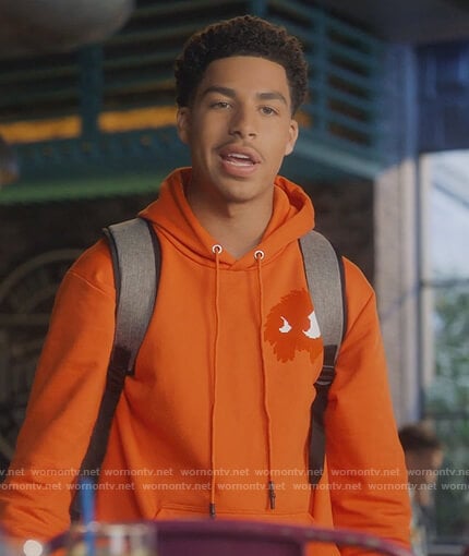 Junior’s orange monster print hoodie on Grown-ish